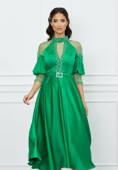 Rochie Natalia verde cu strasuri si tull la bust si maneci imagine