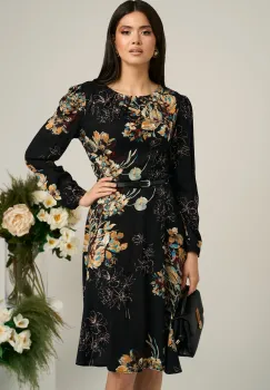 Rochie neagra cu imprimeuri florale bej si curea in talie imagine
