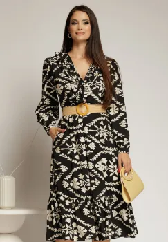 Rochie neagra din stofa cu imprimeu floral ivoar si curea in talie imagine