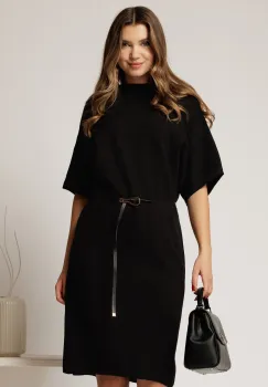 Rochie neagra din tricot cu maneci fluture si curea in talie imagine