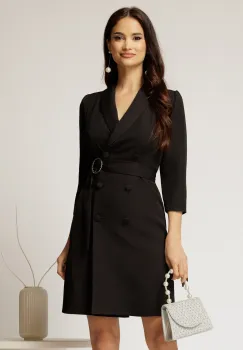 Rochie neagra stil sacou cu rand dublu de nasturi si cordon in talie imagine