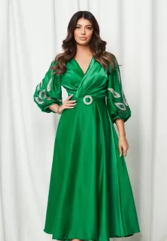 Rochie Nicole verde cu strasuri pe maneci si curea in talie imagine