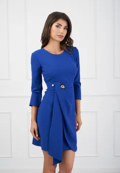 Rochie Oana albastra cu brosa in talie si fusta petrecuta imagine