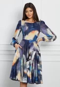 Rochie Oana bleumarin cu imprimeuri bej imagine