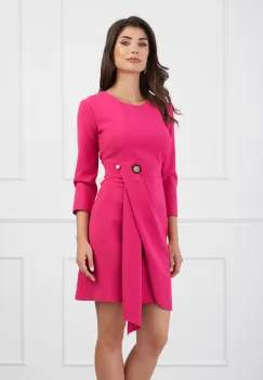 Rochie Oana fucsia cu brosa in talie si fusta petrecuta imagine