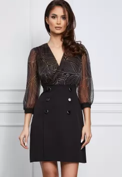 Rochie Oana neagra cu imprimeu bej la bust si nasturi pe fusta imagine