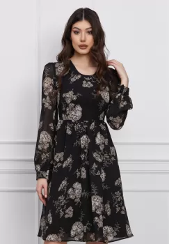Rochie Oana neagra cu imprimeuri florale bej imagine