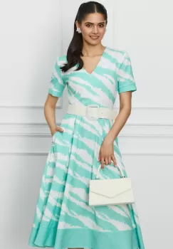 Rochie Oana verde mint cu imprimeu alb si curea in talie imagine