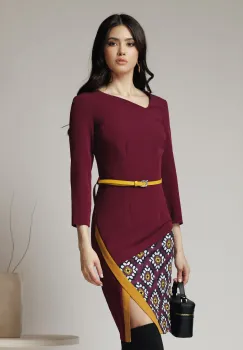 Rochie office din stofa mov cu imprimeu la baza si curea in talie imagine