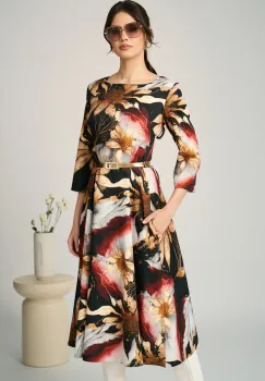 Rochie office din stofa neagra cu flori maro si curea in talie imagine