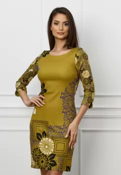 Rochie Pera galben mustar cu imprimeuri mov imagine
