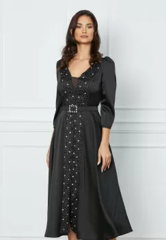 Rochie Raluca neagra cu strasuri si bilute si curea in talie imagine