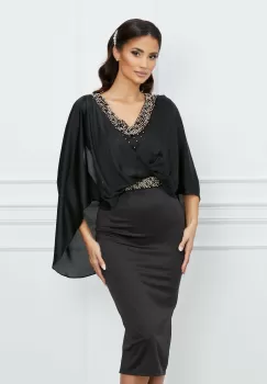 Rochie Ramira neagra cu capa si perle metalice imagine