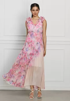 Rochie Ramona lunga roz cu imprimeuri florale imagine