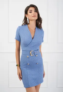 Rochie Rania bleu din tweed cu nasturi si curea in talie imagine