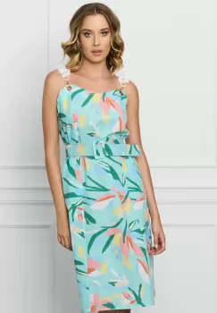 Rochie Ranya bleu cu imprimeu floral peach si curea in talie imagine