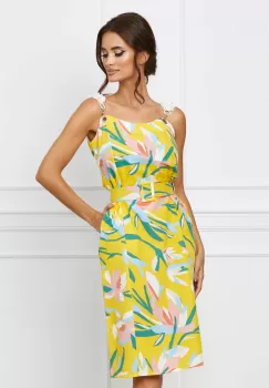 Rochie Ranya galbena cu imprimeu floral roz si curea in talie imagine