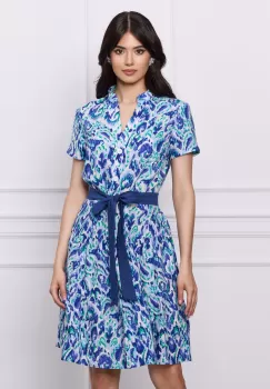 Rochie Rebeca albastra cu imprimeu si cordon in talie imagine