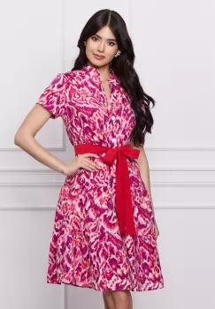 Rochie Rebeca fucsia cu imprimeu si cordon in talie imagine