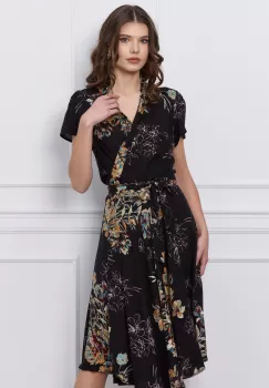 Rochie Rina neagra cu croi petrecut si imprimeu floral bej imagine