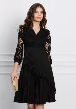 Rochie Rona neagra cu dantela la bust si fusta plisata imagine