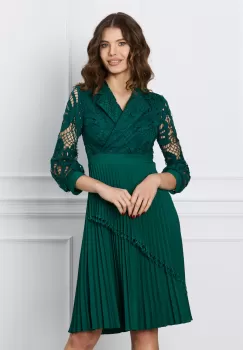 Rochie Rona verde cu dantela la bust si fusta plisata imagine