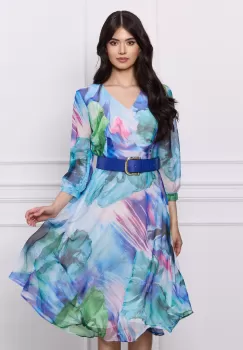 Rochie Roxana albastra din voal cu imprimeu verde si curea in talie imagine