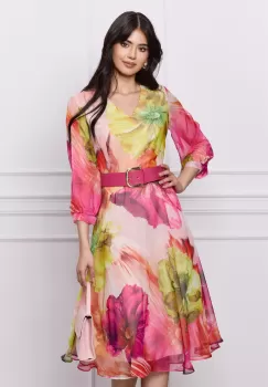 Rochie Roxana corai din voal cu imprimeu fucsia si curea in talie imagine