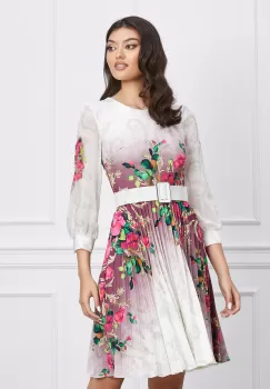 Rochie Roxana ivory cu mov in degradee si flori imagine