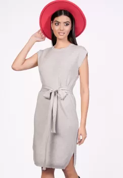 Rochie Sabrina bej din tricot fara maneci cu cordon in talie imagine