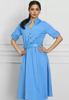 Rochie Sabrina bleu cu nasturi la bust si curea in talie imagine