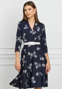 Rochie Sabrina bleumarin cu imprimeuri florale albe si curea in talie imagine