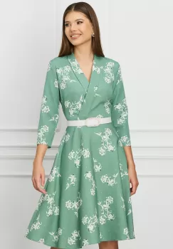 Rochie Sabrina verde mint cu imprimeuri florale albe si curea in talie imagine