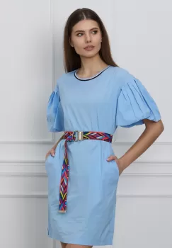 Rochie Sami bleu cu maneci bufante si curea in talie imagine