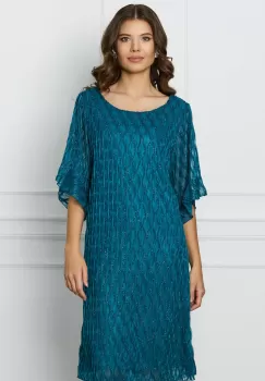 Rochie Sandi turcoaz cu model in relief si fir lurex imagine