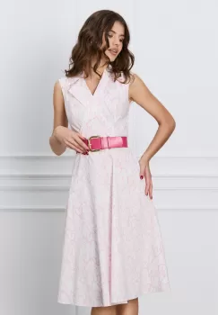 Rochie Sara alba cu imprimeuri fucsia si curea in talie imagine