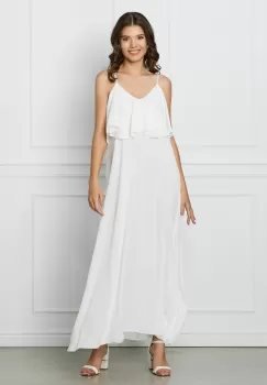 Rochie Sara alba lunga cu volane imagine