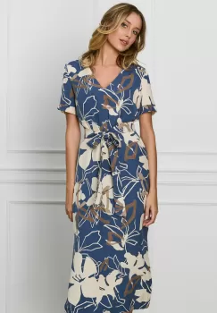 Rochie Sara bleumarin cu imprimeuri si cordon in talie imagine