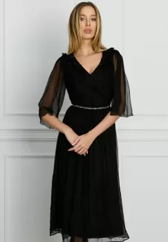 Rochie Sara neagra din matase naturala cu strasuri in talie imagine