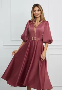 Rochie Sara roz coniac din satin cu strasuri si curea in talie imagine