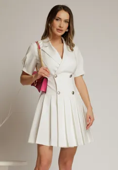 Rochie scurta alba tip sacou cu pliuri pe fusta imagine
