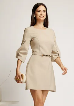 Rochie scurta bej din stofa cu maneci bufante si curea in talie imagine