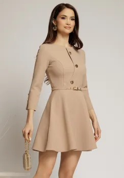 Rochie scurta bej din stofa in clos cu nasturi pe bust si curea in talie imagine