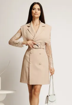 Rochie scurta bej din stofa tip sacou cu maneci din dantela si curea in talie imagine