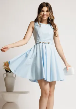 Rochie scurta bleu din bumbac clos cu pliuri pe bust si curea in talie imagine