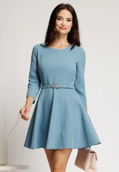Rochie scurta bleu din neopren cu croi in clini si curea in talie imagine
