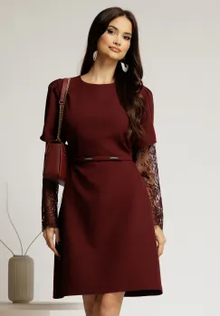 Rochie scurta bordo cu maneci din dantela si curea in talie imagine