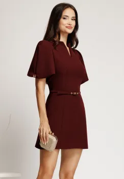 Rochie scurta bordo din stofa cu croi in clini si curea in talie imagine