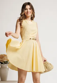 Rochie scurta galbena din bumbac clos cu pliuri pe bust si curea in talie imagine