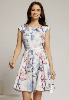 Rochie scurta ivoar in clos cu flori roz si lila si curea in talie imagine